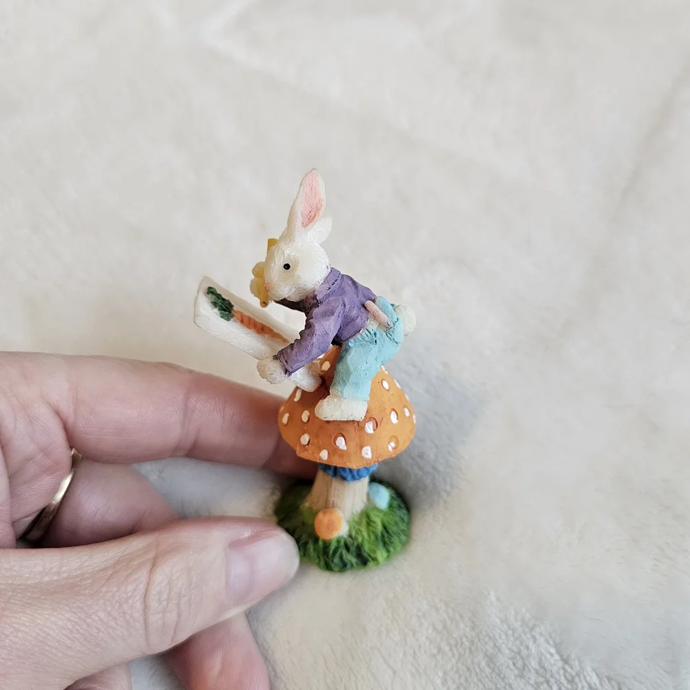 Mini Easter Bunny Figurine on Mushroom Spring Rabbit Decor